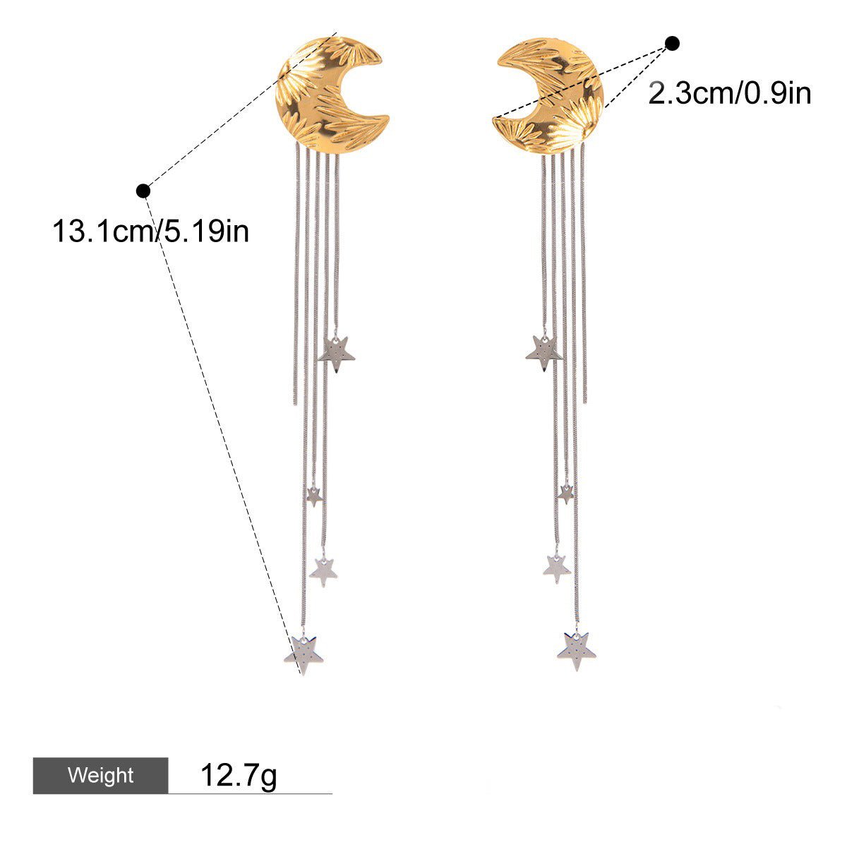 18K gold moon and star with tassel design high - end earrings - PetPoy Shop