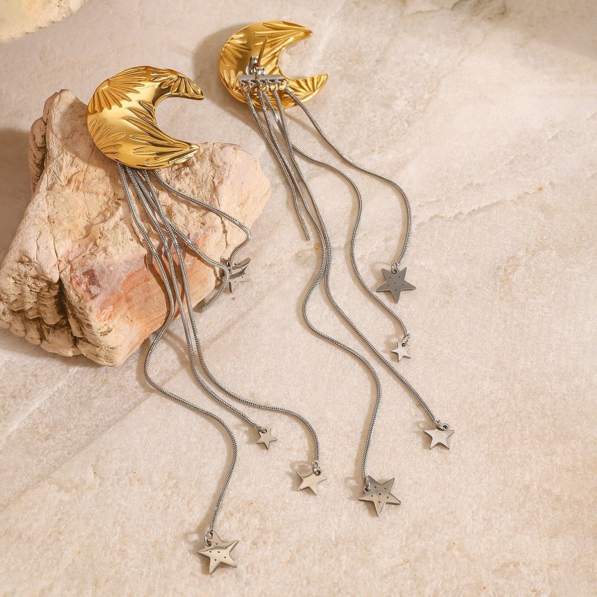 18K gold moon and star with tassel design high - end earrings - PetPoy Shop