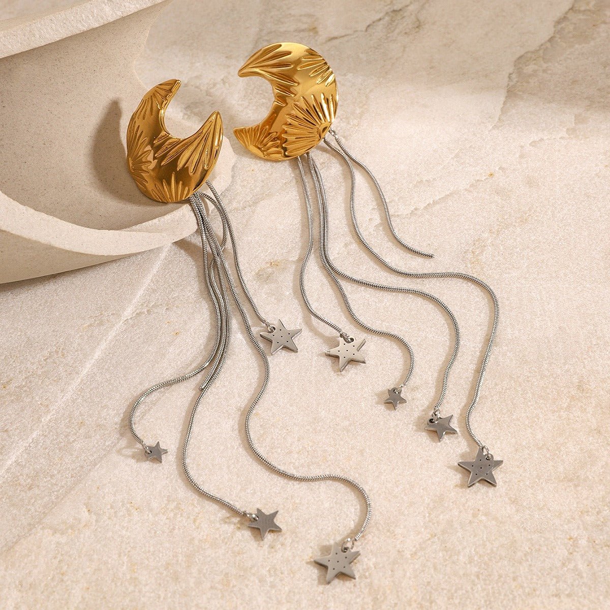18K gold moon and star with tassel design high - end earrings - PetPoy Shop
