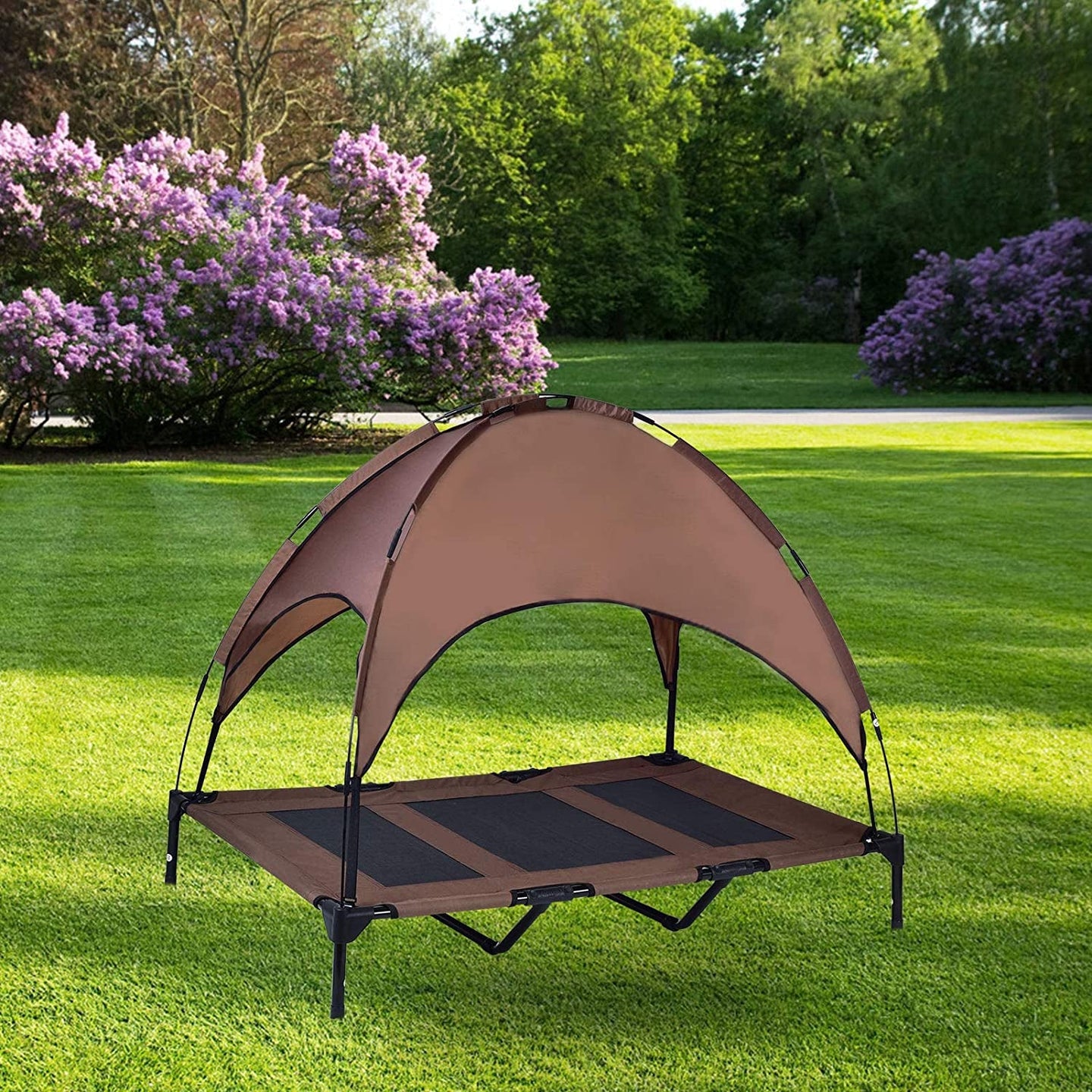 Elevated Pet Cot with Canopy, Portable Raised Pet Cot for Camping or Beach, Removable Canopy, Durable 1680D Oxford Fabric Raised Mesh Cot, Breathable Cooling Outdoor Dog Bed (Large, Brown) - PetPoy Shop