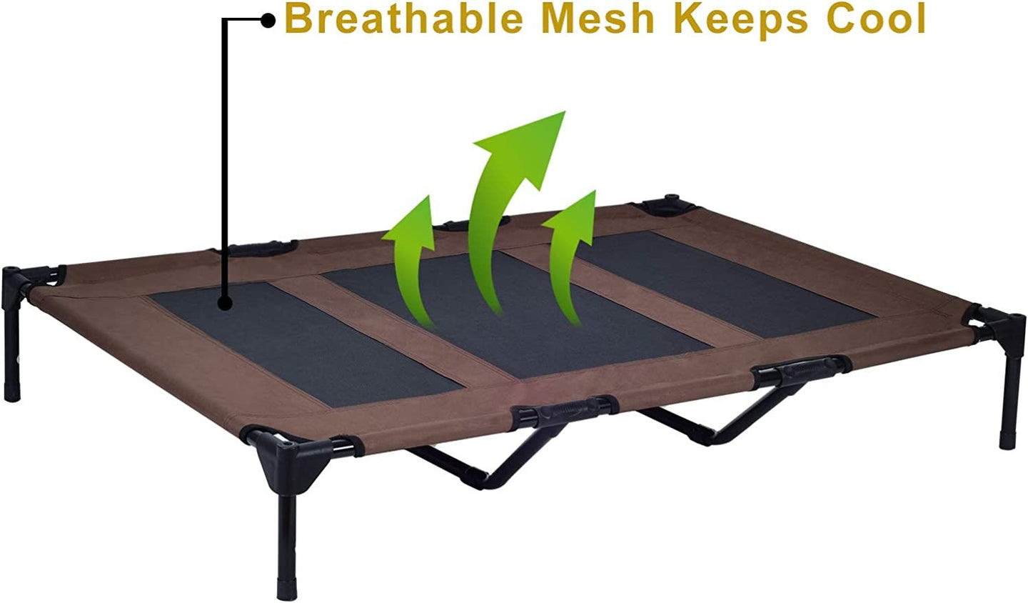 Elevated Pet Cot with Canopy, Portable Raised Pet Cot for Camping or Beach, Removable Canopy, Durable 1680D Oxford Fabric Raised Mesh Cot, Breathable Cooling Outdoor Dog Bed (Large, Brown) - PetPoy Shop