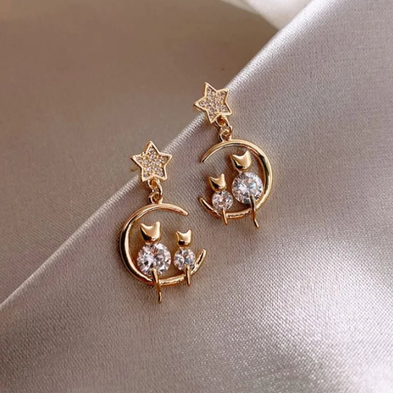 New Trendy Moon Dangle Earrings For Women Temperament Pearl Cherry Cat Rhinestone Pendant Earring Girl Party Jewelry Gift - PetPoy Shop