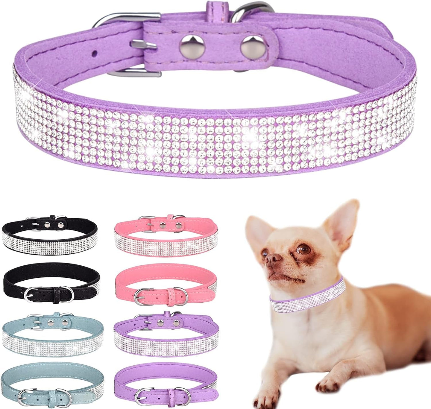 Rhinestone Dog Collar Soft Velvet Leather Cat Collars Cute Luxury Diamond Studded Bling Dog Collar Necklaces Adjustable Puppy Collar for Small Medium Large Dogs Cats Kitten (Purple,Xxs) - PetPoy Shop