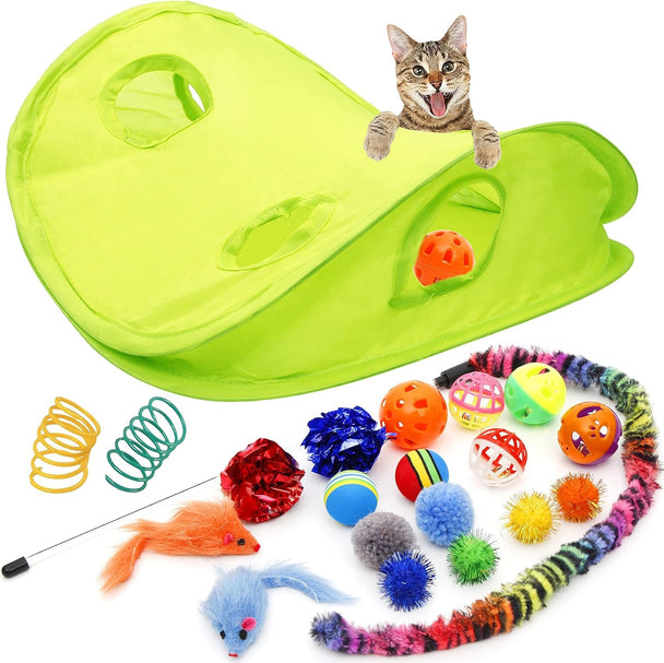 18 Cat Toys Assortments - Teaser Wand, Interactive Bell Toy, Sparkle Balls for Kitten, Puppy, Kitty (With Hide Seek Toy) - PetPoy Shop