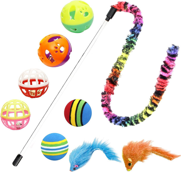 18 Cat Toys Assortments - Teaser Wand, Interactive Bell Toy, Sparkle Balls for Kitten, Puppy, Kitty (With Hide Seek Toy) - PetPoy Shop