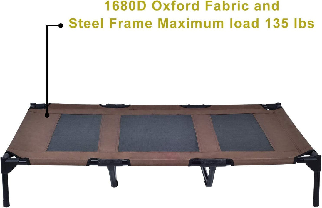 Elevated Pet Cot with Canopy, Portable Raised Pet Cot for Camping or Beach, Removable Canopy, Durable 1680D Oxford Fabric Raised Mesh Cot, Breathable Cooling Outdoor Dog Bed (Large, Brown) - PetPoy Shop