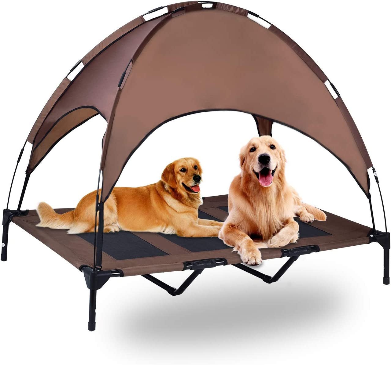 Elevated Pet Cot with Canopy, Portable Raised Pet Cot for Camping or Beach, Removable Canopy, Durable 1680D Oxford Fabric Raised Mesh Cot, Breathable Cooling Outdoor Dog Bed (Large, Brown) - PetPoy Shop