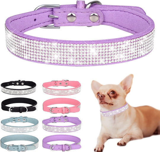 Rhinestone Dog Collar Soft Velvet Leather Cat Collars Cute Luxury Diamond Studded Bling Dog Collar Necklaces Adjustable Puppy Collar for Small Medium Large Dogs Cats Kitten (Purple,Xxs) - PetPoy Shop