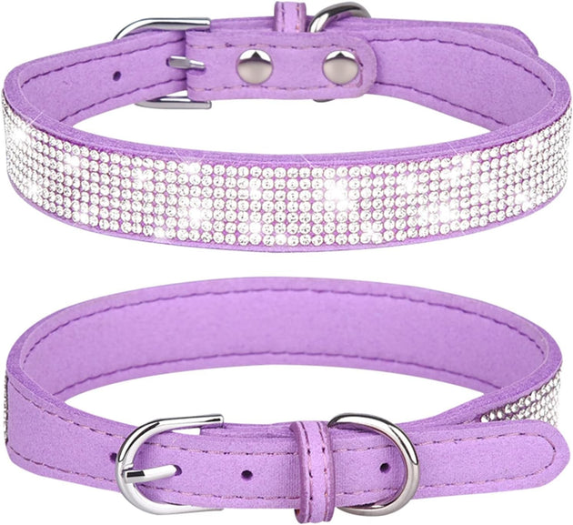 Rhinestone Dog Collar Soft Velvet Leather Cat Collars Cute Luxury Diamond Studded Bling Dog Collar Necklaces Adjustable Puppy Collar for Small Medium Large Dogs Cats Kitten (Purple,Xxs) - PetPoy Shop